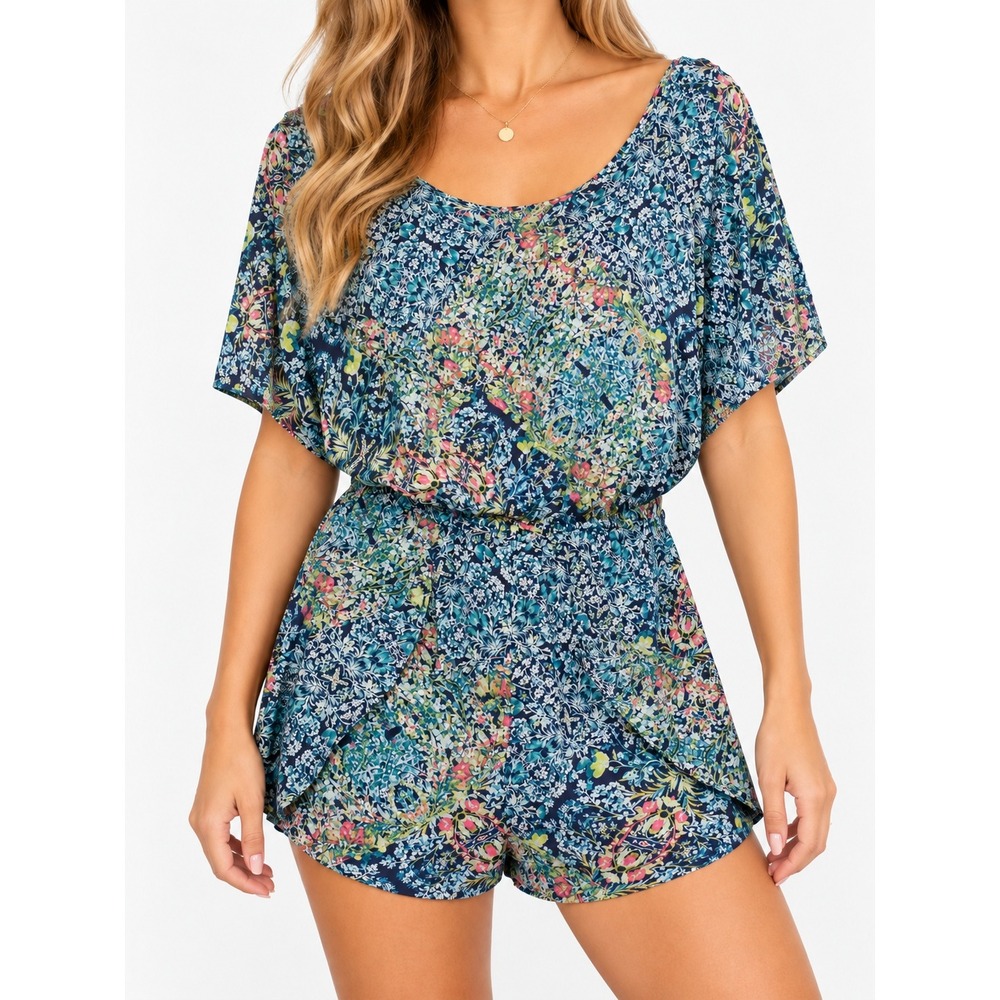 BCBGeneration Floral Romper Blue Green Pink Boho Flutter Sleeve Size Medium